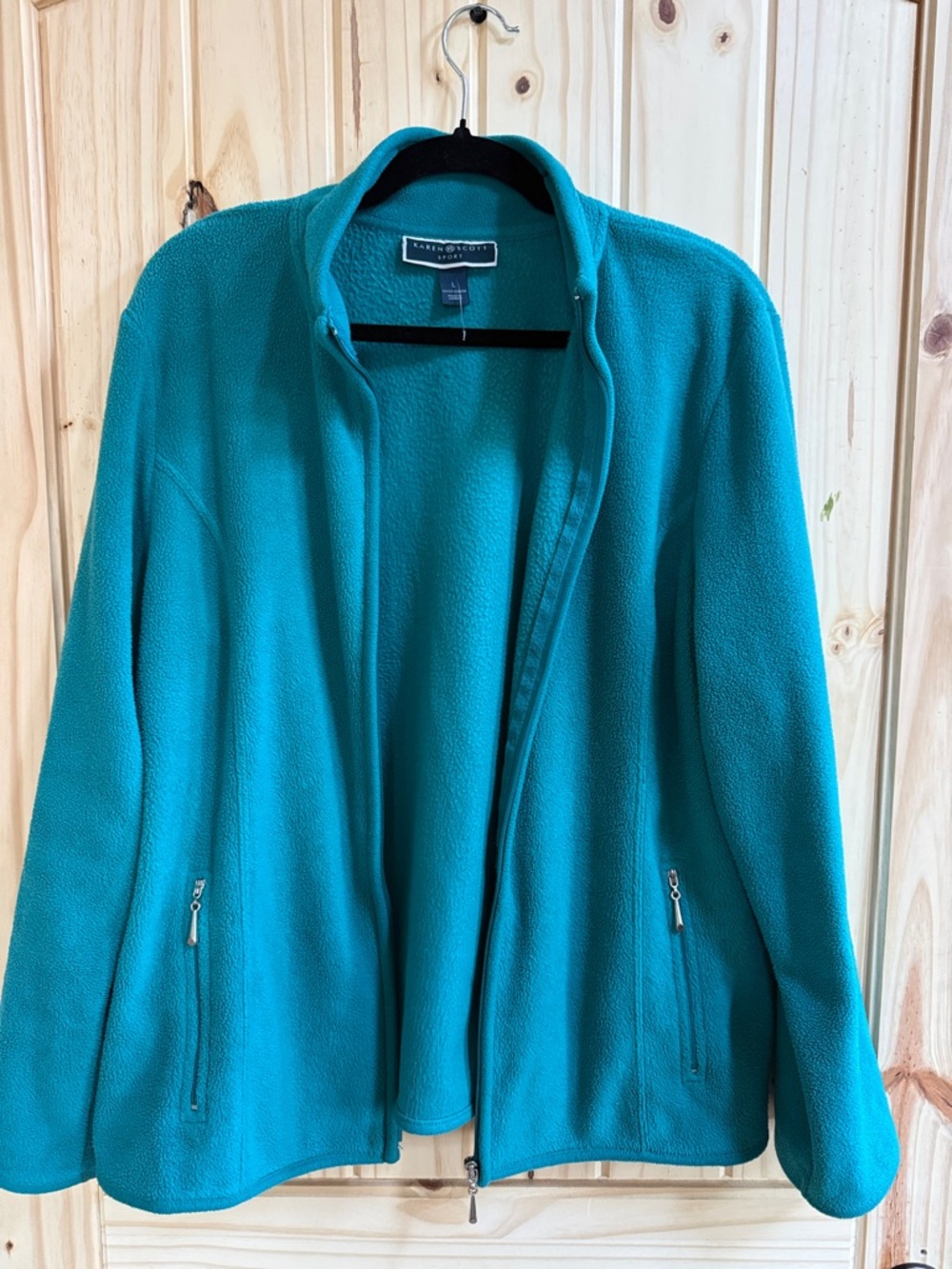 Karen Scott Sport women's blueish green zip-up fleece Jacket 100% polyester Sz L